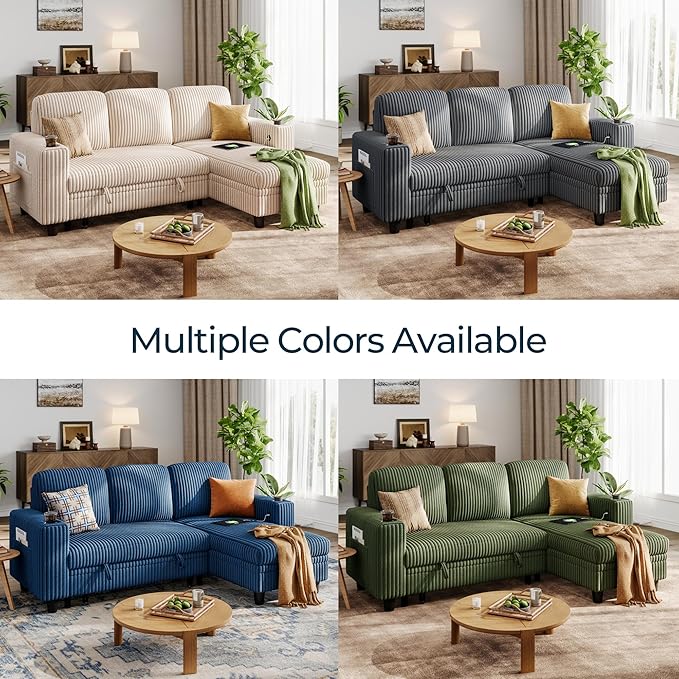 LINSY HOME Sectional Sleeper Sofa with Pull Out Couch Bed - Convertible Plush Corduroy Cloud Couch with Storage Chaise & USB Charging, Comfy L Shaped Modular Couches for Living Room Apartment, Blue-Ruum Studio Home