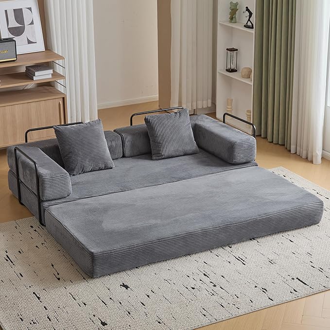 Convertible Sleeper Sofa Bed, Compression Folding Sofa with Pillow, No Assembly Required, Shape Frame, Floor Sofas Lounge Couch for Living Room, Bedroom, Small Spaces(Corduroy, 77''W, Dark Grey)-Ruum Studio Home