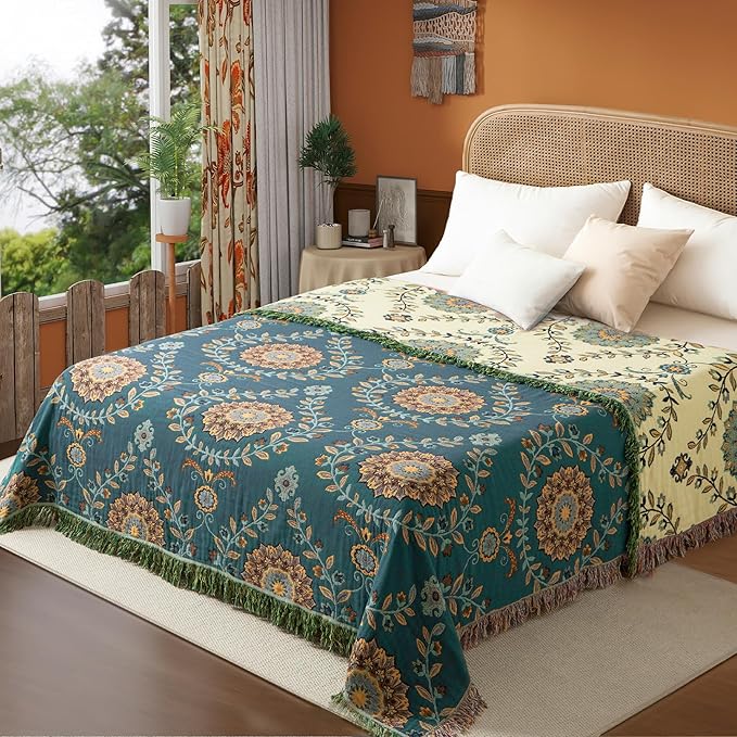 Boho Throw Blanket Twin Size, Soft Cozy Cotton Muslin Quilt Blanket for Bed Decor, Floral Patterned Couch Sofa Chair Cover, Vintage Farmhouse Cottage Tapestry Woven Blanket, Green&Beige-Ruum Studio Home