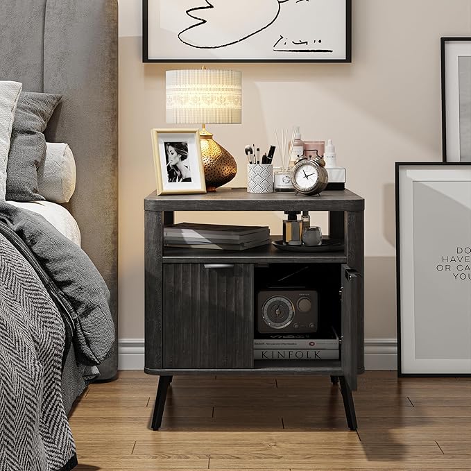 Nightstand Set of 2 with Charging Station, 24" End Table Side Table with Open Shelf, Modern Large Wood Fluted Bedside Cabinet for Bedroom, Living Room, Black-Ruum Studio Home