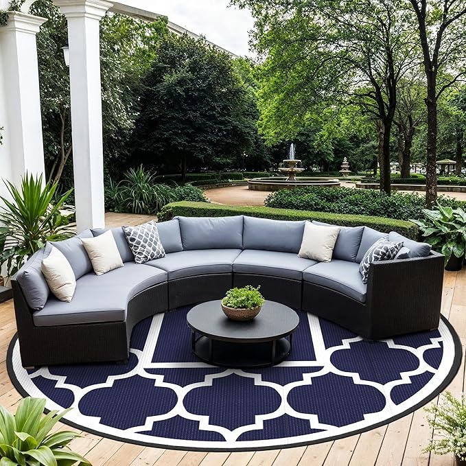 GENIMO 10 ' Round Outdoor Rug for Patio, Waterproof Indoor Outdoor Plastic Straw Rugs Carpet, Reversible Outside Area Mat for Camping, Balcony Porch, Deck, Picnic, Blue White-Ruum Studio Home