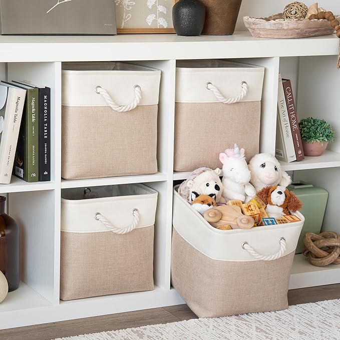 OrganiHaus 12x12 Cube Storage Bins 4 Pack, Foldable Cube Storage Organizer w/ Rope Handles, Collapsible Fabric Bins for Toys, Clothes & Closet Organization, Fabric Square Baskets - Beige/White-Ruum Studio Home