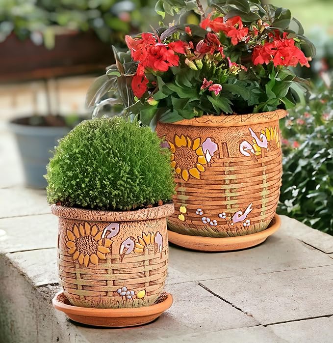 Ceramic Pot with Drainage Hole and Saucer, Plant Pots, Modern Decorative Planters for House Plants Indoor Flowers Plants, Cute Flower Pot - Gifts (Wicker (1.6 L))-Ruum Studio Home