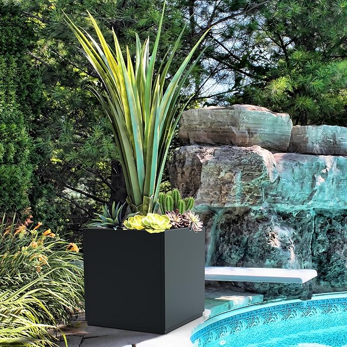 FENCY Large Square Planter 17" L x 17" W x 18" H, Planters for Outdoor Plants, Large Outdoor Planters for Porch Patio, Black Square Planter with Drainage Hole, All-Weather Use Cube Planter-Ruum Studio Home