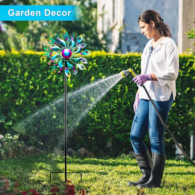 51.9" Peacock Solar Wind Spinner Outdoor Decor – Waterproof LED Lighted Garden Art with Adjustable Metal Pole, IP65 Weather Resistant for Yard, Patio-Ruum Studio Home