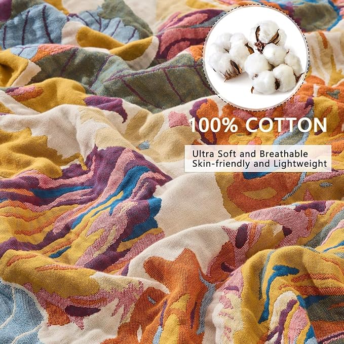 Boho Throw Blanket for Bed, Lightweight Reversible Quilt, Fall Cotton Blanket, Queen Size Boho Floral Bird Colorful Retro Quilt Ultra Soft Reversible Gauze Blanket for All Season, 80"x90"-Ruum Studio Home