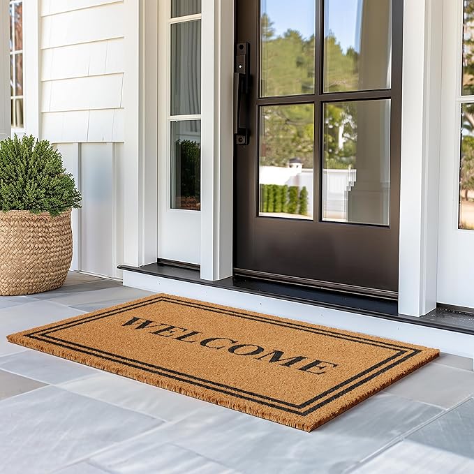 Barnyard Designs Natural Coco Coir Heavy Duty Backing Doormat - Large Cute Non-Slip Front Door Welcome Mat for Outside Entrance or Porch Entry, Brown (30x48, Welcome)-Ruum Studio Home