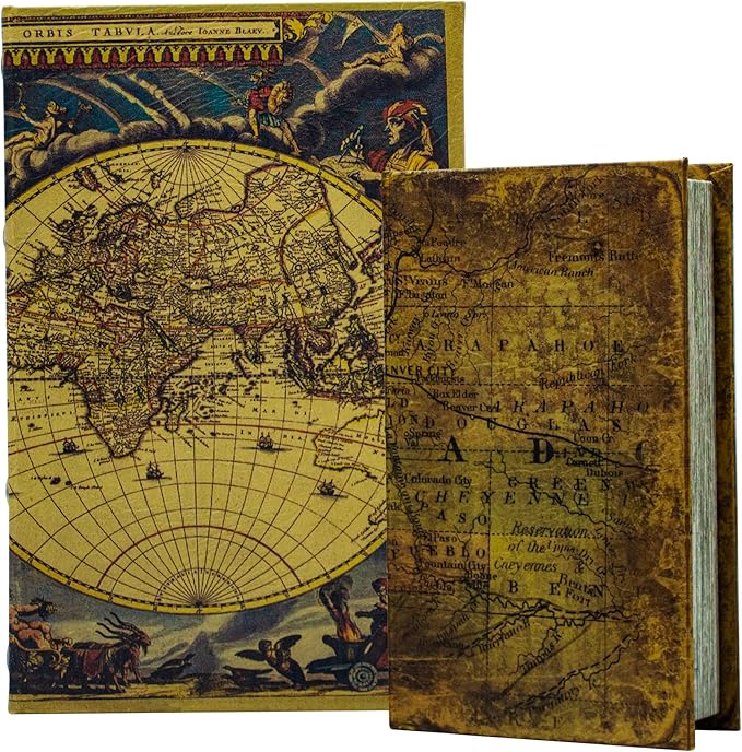 Decorative Book Box Set of 2, Trinket Keepsake Storage Boxes Book Shaped Storage Box Vintage Style Decorative Faux Books Boxes Globe Antique Books for Home Decoration Old World Map Pattern-Ruum Studio Home