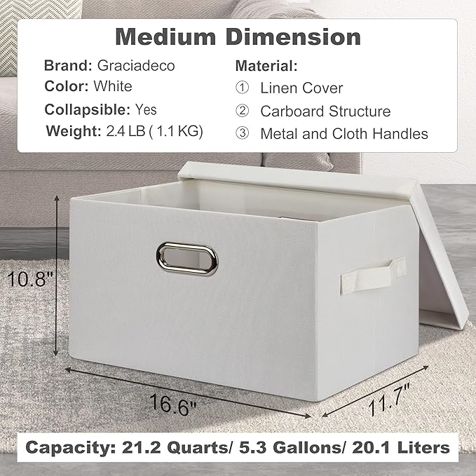Medium 15" 21 Quart Collapsible Stackable Storage Bins with Lids, 5 Packs White Foldable Fabric Closet Storage Boxes with Lids, Lidded Heavy-duty Linen Baskets(15x11x8)-Ruum Studio Home