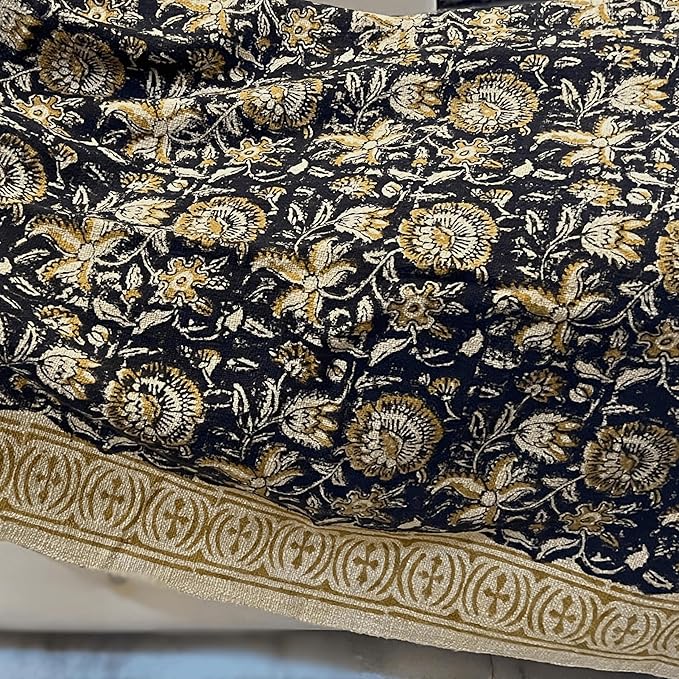 Bohemian Floral Cotton Throw Blanket with Tassels | 48x70 Inch Handblock Printed Sofa Throw | Black & Gold Decorative Bed Cover | Lightweight Couch Throw for Living Room & Bedroom-Ruum Studio Home