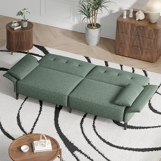 89” Futon Sofa Bed, Linen Comfy Futon Couch Bed with 2 Square Pillows, Convertible Sleeper Sofa with Adjustable Backrest& Armrests, Modern Loveseat Sleeper for Living Room, Bedroom, Green-Ruum Studio Home