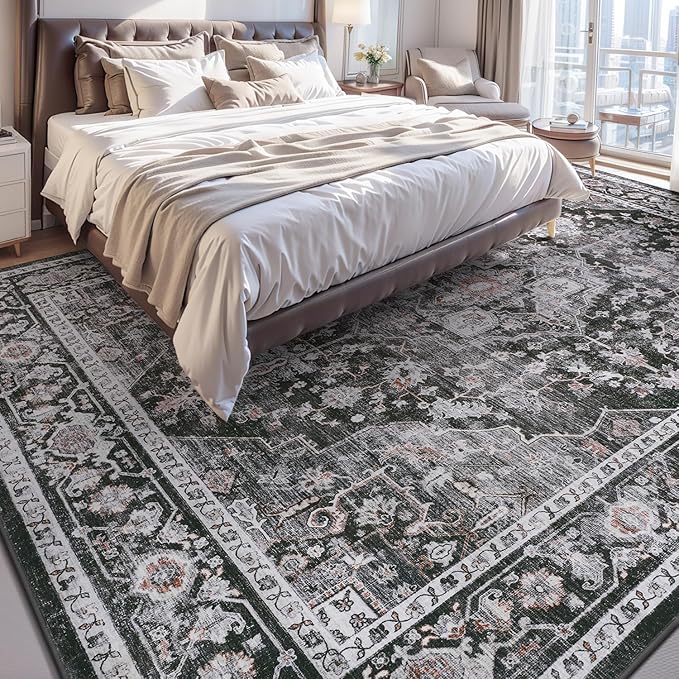 AMOAMI-Area Rug 5X7 Rugs for Living Room-Vintage Soft Black Rugs for Bedroom-Non Slip Carpet-Machine Washable Rug for Dining Room Living Room Bedroom Office Under Table Dark Grey & Black-Ruum Studio Home