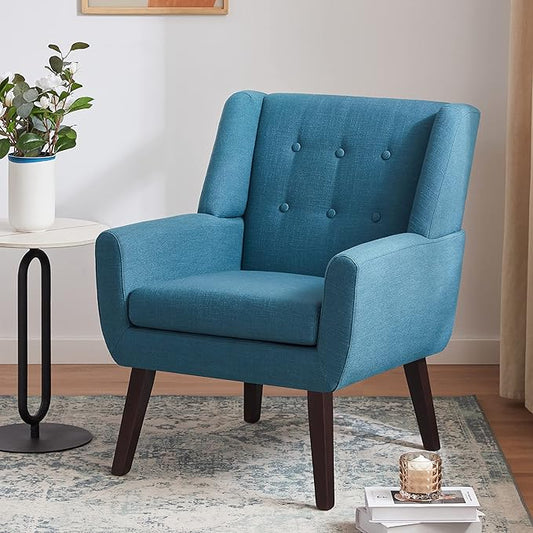 HUIMO Button-Tufted Accent Chairs,Upholstered Reading Living Room Chair,Mid Century Modern Chair with Linen Fabric, Club Chair,Comfy Arm Chairs for Living Room,Bedroom Lake Blue-Ruum Studio Home