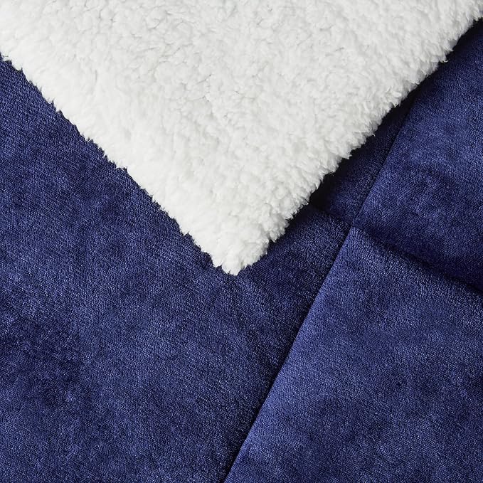 Amazon Basics Reversible Sherpa Comforter Set with Pillow Sham, Navy, Queen/Full-Ruum Studio Home