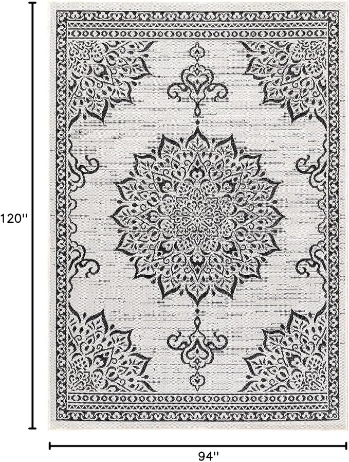 CAMILSON Outdoor Rug, 8x10 Medallion White Black Modern Area Rugs for Indoor and Outdoor Patios, Kitchen and Hallway Mats, Washable Porch Deck Outside Carpet (Medallion White, 8 x 10)-Ruum Studio Home