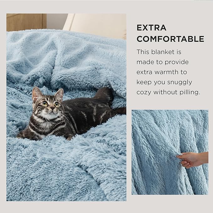Bedsure GentleSoft Fluffy Light Blue Blankets Queen Size for Bed, Thick Sherpa Faux Fur Fleece Fuzzy Plush Winter Warm Soft Full Queen Blankets, Bedroom Decor Blue Cozy Gifts for Women Men, 90x90-Ruum Studio Home