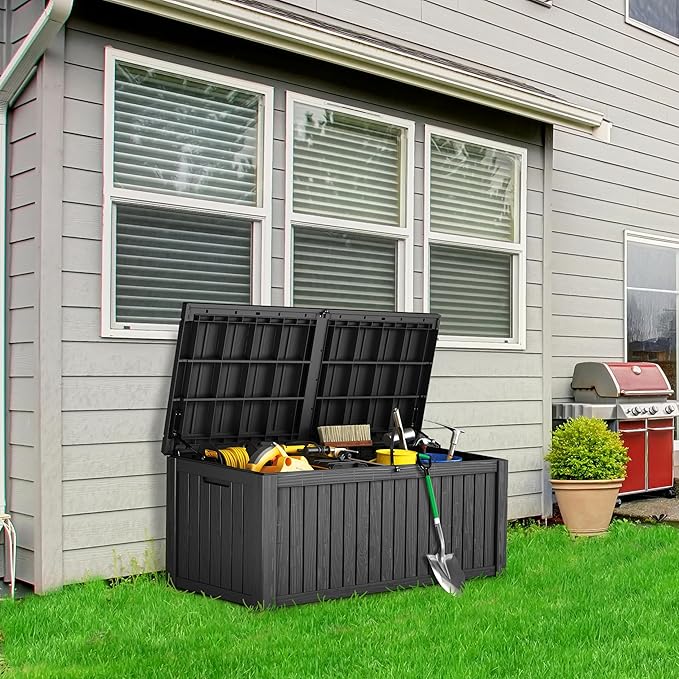 180 Gallon Lockable Resin Deck Box, Waterproof & UV-Resistant Outdoor Storage Box for Outdoor Cushion Storage, Garden Tools & Pool Accessories Storage, Black-Ruum Studio Home