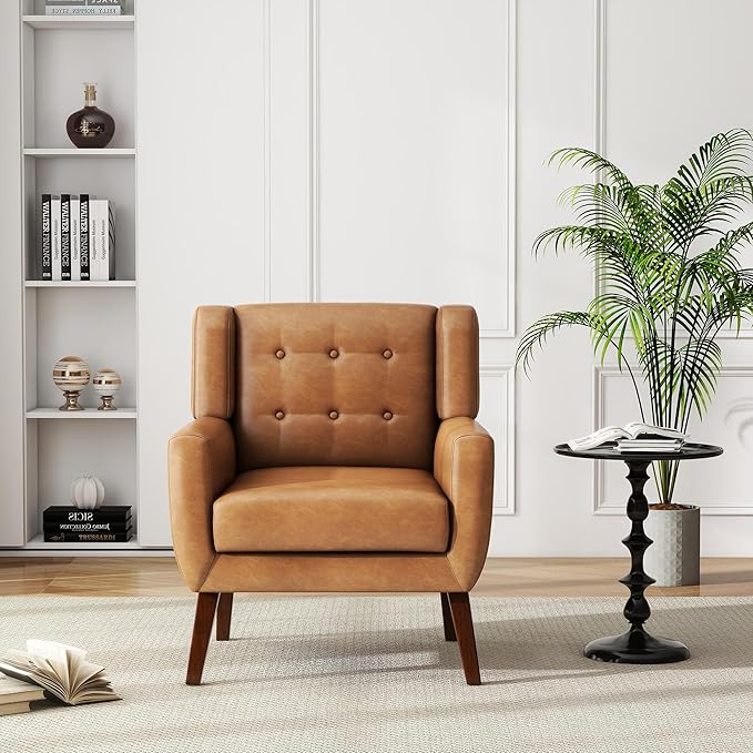 UIXE Faux Leather Accent Chair, Modern Arm Club Chair Upholstered Armchair for Living Room, Comfy Single Sofa Seats Button Tufted Reading Seating, Brown-Ruum Studio Home