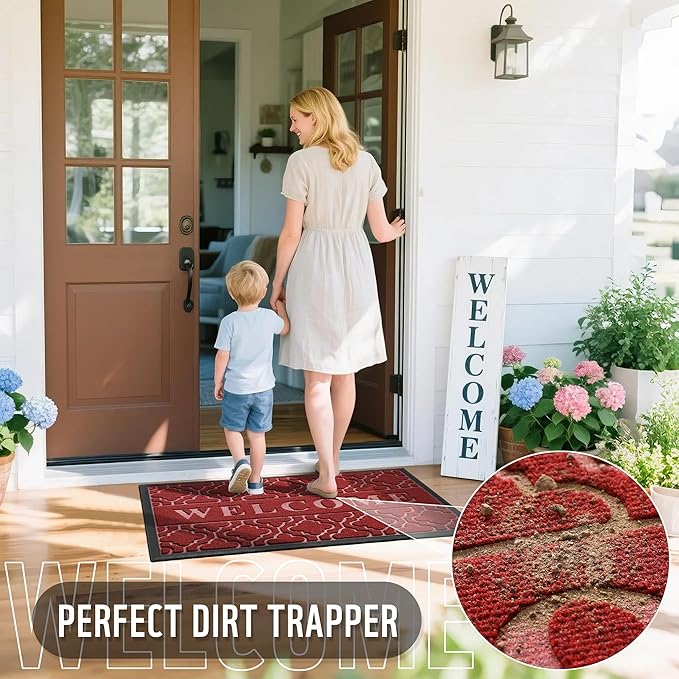 Yimobra Welcome Mat Outdoor Indoor, All-Season Waterproof Front Door Mat Outside Entrance, All-Weather Heavy Duty Non-Slip Doormat, Low Profile Porch Patio Entrance Mats, 60x36, Red-Ruum Studio Home