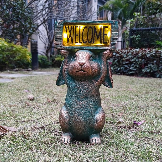 Rabbit Solar Welcome Garden Statues Outdoor Décor-Rabbit Figurines Solar LED Light Lawn Ornaments - Yard Decorations for Patio, Balcony, Backyard -Unique House Warming Gifts for Mom-Ruum Studio Home