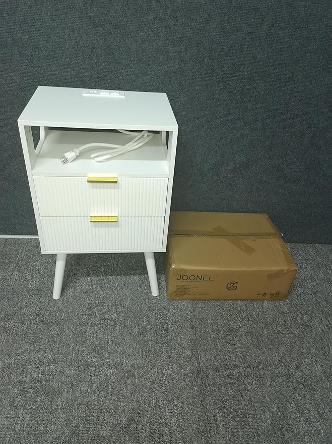 White Nightstand with Charging Station and LED Lights,Modern Bedside Table with 2 Storage Drawer and Open Wood Shelf, for Bedroom and Small Spaces,Night Stand with Solid Wood Legs,White-Ruum Studio Home