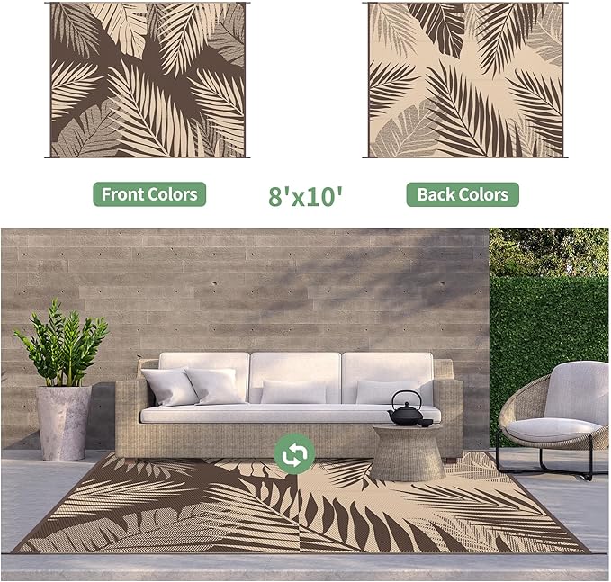 GENIMO Outdoor Rug 8' x 10' Waterproof for Patios Clearance, Reversible Outdoor Plastic Straw Camping Rug Carpet, Large Area Rugs Mats for RV, Camper, Deck, Balcony, Porch, Beach, Picnic, Coffee&Beige-Ruum Studio Home