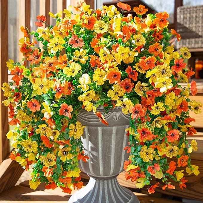 INSPRING Artificial Flowers for Outdoors Fake Mums Hanging Plants Decor, 2Pcs Silk Daisy with Eucalyptus UV Resistant Look Real Trailing Vines for Planter Front Door Patio Yard, OrangeYellow-Ruum Studio Home