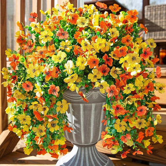 INSPRING Artificial Flowers for Outdoors Fake Mums Hanging Plants Decor, 2Pcs Silk Daisy with Eucalyptus UV Resistant Look Real Trailing Vines for Planter Front Door Patio Yard, OrangeYellow-Ruum Studio Home