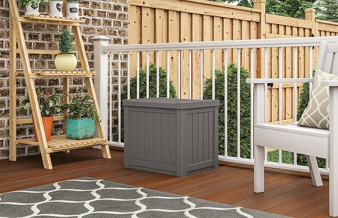 Suncast 22-Gallon Small Deck Box - Lightweight Resin Indoor/Outdoor Storage Container and Seat for Patio Cushions and Gardening Tools - Store Items on Patio, Garage, Yard - Stone Gray, Made in the USA-Ruum Studio Home