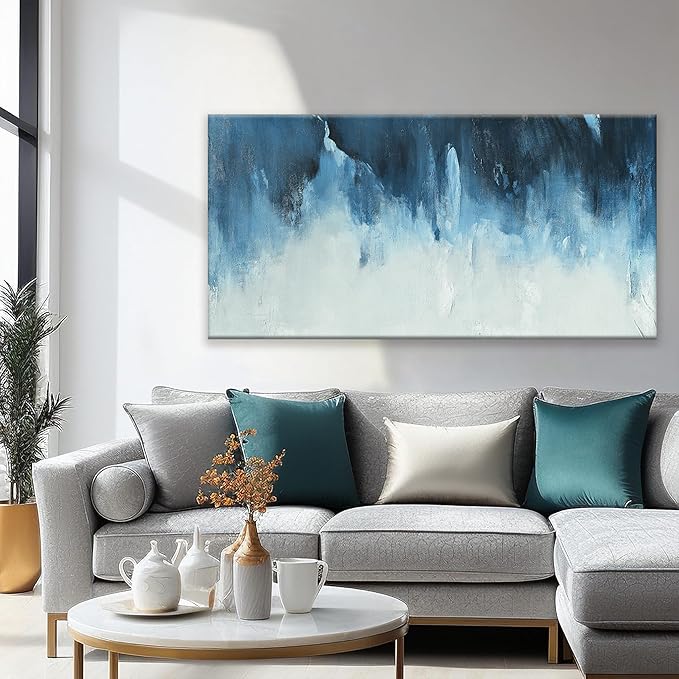 Canvas Wall Art Decor White Blue Wall Art Decor Abstract Art Decoration Pictures For Living Room Art Work Modern Abstract Wall Art Paiintings Prints for Home Bedroom Office Room Wall Decor 24" x 48"-Ruum Studio Home