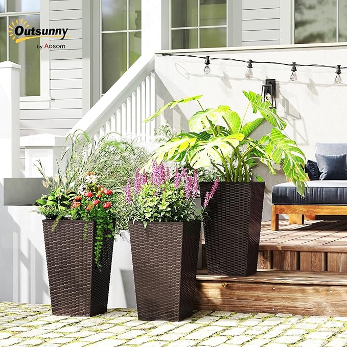 Outsunny Tall Planters for Outdoor Plants Set of 3, 24 in Taper Planters with Drainage Holes, Rattan Decor Plant Pots for Indoor Outdoor Front Porch Patio Backyard, Brown-Ruum Studio Home