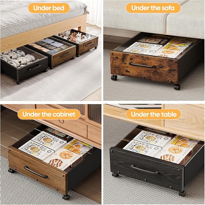 Wooden Under Bed Storage with Wheels, Rolling Under the Bed Storage Bins with Removable Lid, Metal Under Bed Drawers for Clothes and Shoes in Bedroom or Living Room(Walnut Brown-2pack)-Ruum Studio Home