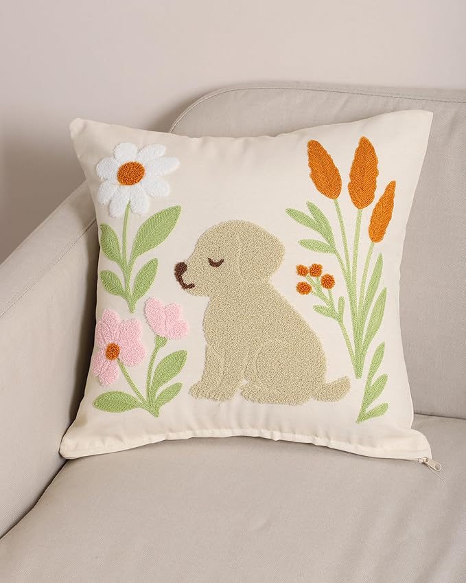 katre home madame & textile Embroidered Dog Pillow Cover – 18x18 inch Handmade Punch Needle Cushion – Boho Cotton Throw Pillow for Couch, Bed, or Gift for Dog Lovers-Ruum Studio Home