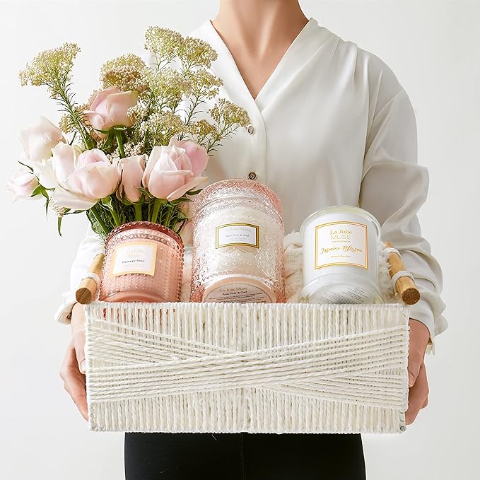 LA JOLIE MUSE Wicker Storage Baskets for Organizing, Recyclable Paper Rope Basket with Wood Handles, Decorative Hand Woven Basket Organizers for Makeup Books Shelves Living Room, White, Set of 2-Ruum Studio Home