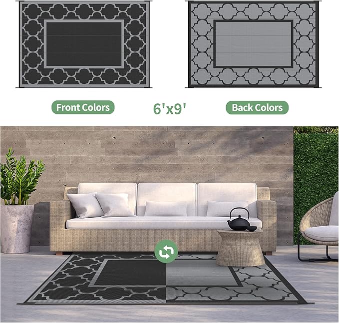 GENIMO 6' x 9' Outdoor Rug Waterproof for Patio Decor, Foldable Reversible Plastic Straw Area Rugs Mat for Camper, Outside Carpet for Rv, Deck, Porch, Picnic, Beach, Balcony, Black & Grey-Ruum Studio Home