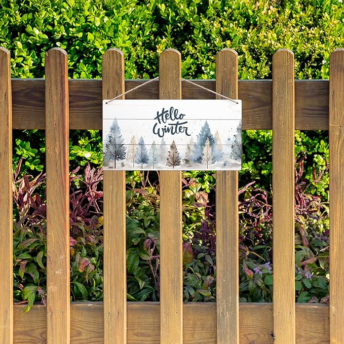 DUXMNAMG Hello Winter Welcome Hanging Wooden Signs 12x6, Pine Tree Decor, Winter Door Decorations, Winter Door Sign, Rustic Winter Christmas Snowflakes Trees Home Room Office Hanging Wall Decor-Ruum Studio Home