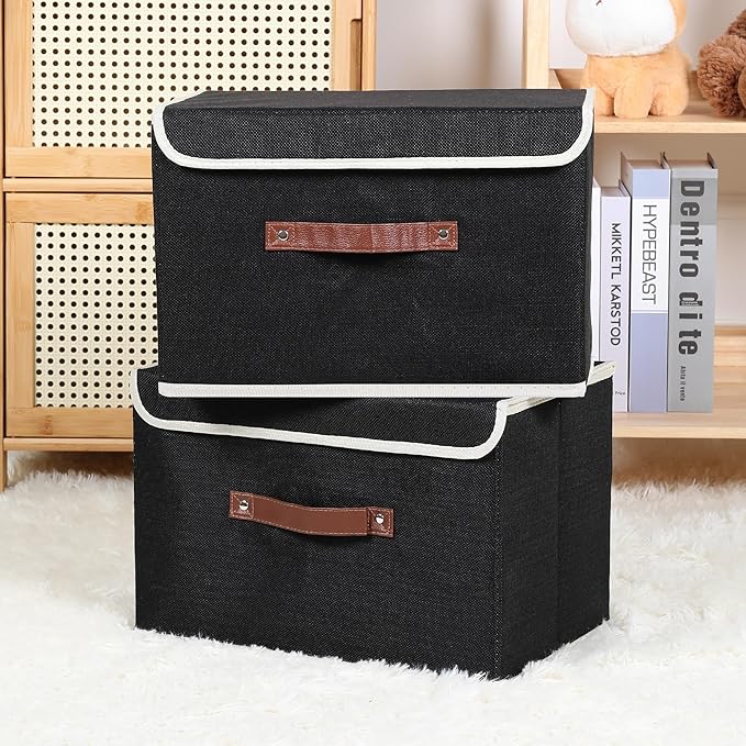 ANMINY 2PCS Storage Bins with Lid PU Leather Handles Storage Boxes PP Plastic Board Decorative Foldable Lidded Cotton Linen Fabric Home Cubes Baskets Closet Organizer Containers - Black, Large Size-Ruum Studio Home