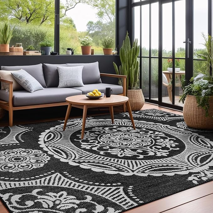 Medallion Outdoor Rug 8x10 Washable Outside Carpet for Indoor Patio Porch Waterproof Easy Cleaning Non Shedding Area Rugs Black 8 x 10-Ruum Studio Home