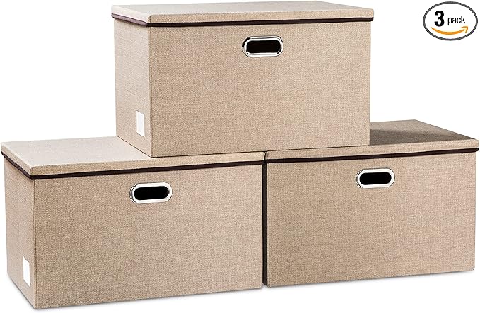PRANDOM Extra Large Collapsible Storage Bins with Lids [3-Pack] Linen Fabric Foldable Storage Baskets Boxes Organizer Containers Cube with Cover for Bedroom Closet Office Nursery (22.8x15.75x13.8)-Ruum Studio Home