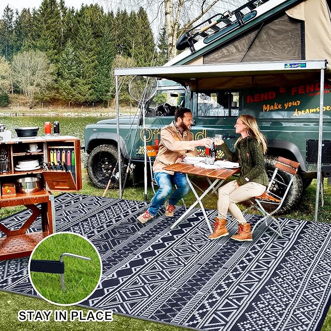 GAOMON Outdoor Rug Waterproof 8'x10', Reversible Outdoor Plastic Straw Rug, Boho Patio Rug, Indoor Outdoor Carpet, RV Mat Outside for Patio, Camp, Picnic, Balcony, Deck, Dark Blue/White(Bohemia)-Ruum Studio Home