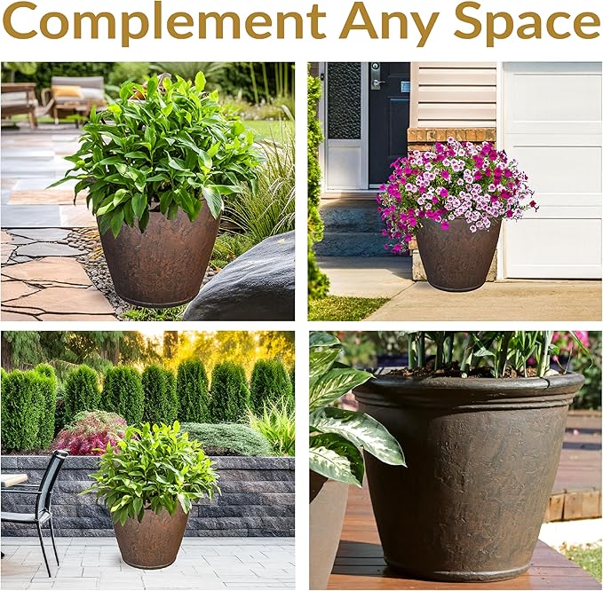 Sunnydaze 24-Inch Anjelica Large Plastic Pot for Plants - Outdoor Polyresin Round Planter with Drillable Drainage Holes - Rust - 4pk-Ruum Studio Home