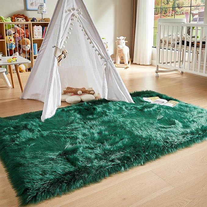 AMTOVO Faux Fur Sheepskin Rug for Living Room, 4 x 6 ft Dark Green Fluffy Area Rug for Bedroom, Playroom, Luxury Room Decor, Rectangle-Ruum Studio Home