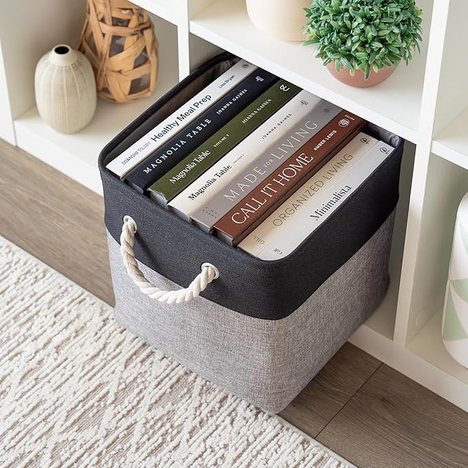OrganiHaus 11x11 Cube Storage Bins 4 Pack, Foldable Cube Storage Organizer w/ Rope Handles, Collapsible Fabric Bins for Toys, Clothes & Closet Organization, Fabric Square Baskets - Gray/Black-Ruum Studio Home