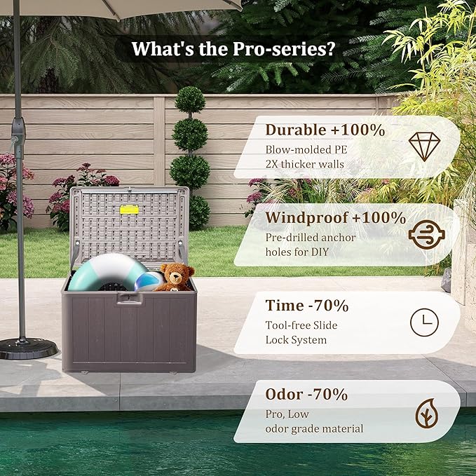 110 Gallon Pro Outdoor Storage Box Waterproof Lockable Deck Box Large, Patio Storage Bin for Pool Accessories Cushion Furniture, Garden Tools, UV-Resistant Outside Delivery, Grayish Brown-Ruum Studio Home