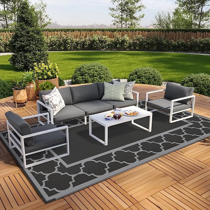 GENIMO 9' x 18' Outdoor Rug Waterproof for Patio, Foldable Reversible Plastic Straw Area Rugs Mat for Rv Decor, Outside Carpet for Camper, Deck, Picnic, Beach, Balcony, Porch, Black & Grey-Ruum Studio Home