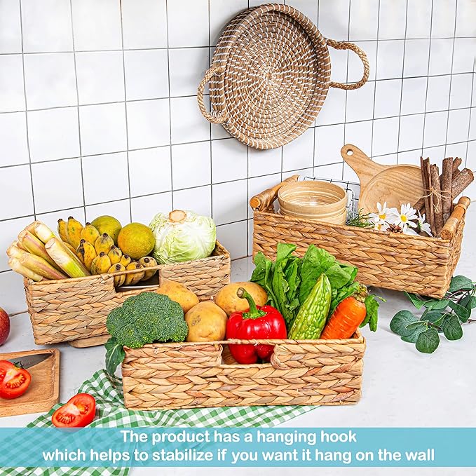 VATIMA Large Water Hyacinth Storage Baskets for Organizing with Wooden Handles for Shelves, 2 Bathroom Small Basket, Water Hyacinth Toilet Paper Baskets, Set of Natural Wicker Storage Basket for Home-Ruum Studio Home