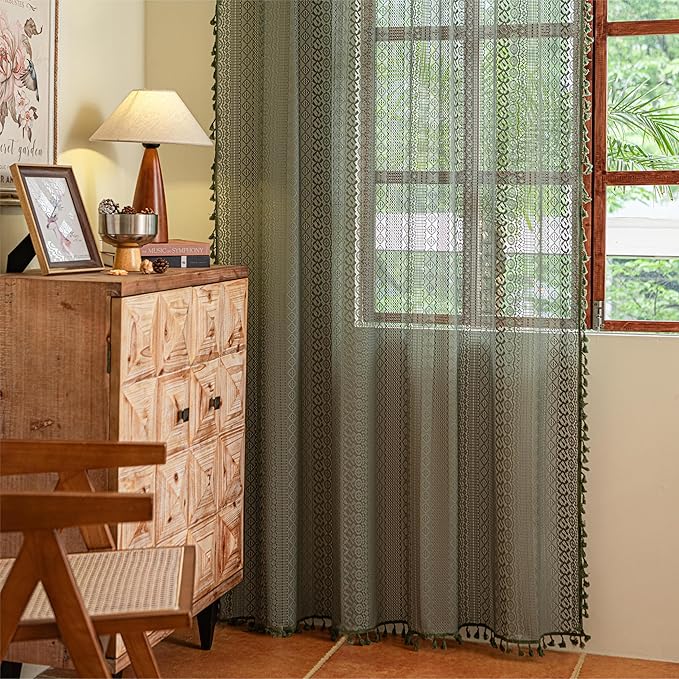 Sutuo Home Boho Curtains for Bedroom Living Room 72 inches Long, Crochet Lace Sheer Bohemian Hollow Knitted with Tassels, Privacy Vintage Farmhouse, Rod Pocket 1 Panel 59" W x 72" L,Olive Green-Ruum Studio Home