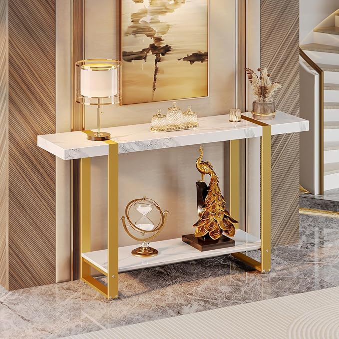 Huuger 47.2 Inch Entryway Table with Marble Top, 2-Tier Modern Console Sofa Table with Storage, Accent Table, for Entry, Hallway, Entrance, Foyer, T-Shaped Metal Frame, White Marble & Gold-Ruum Studio Home