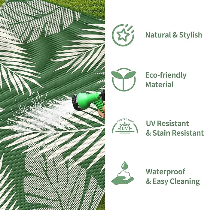 GENIMO Outdoor Rug 8' x 10' Waterproof for Patios Clearance, Reversible Outdoor Plastic Straw Camping Rug Carpet, Large Area Rugs Mats for RV, Picnic, Backyard, Deck, Balcony, Porch, Dark Green&White-Ruum Studio Home