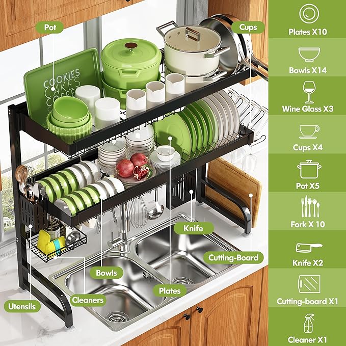 3 Tier Extra Large Stainless Steel Expandable Over The Sink Dish Drainer Drying Rack, Rust Proof Metal, Space Saving, Modern Black Big Capacity Extendable Plate Strainers Above Kitchen Counter-Ruum Studio Home